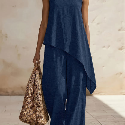 Casual 2pcs Set, Loose Fit Solid Color Crew Neck Sleeveless Side Slit Irregular Hem Top with High-Waist Wide-Leg Pants