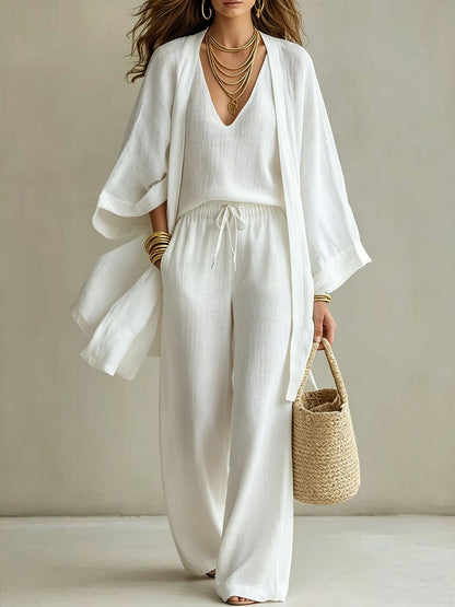 European And American Summer Loose - Mid-Length Three-Piece Set for Women: Three-Quarter Sleeve Cardigan, Sleeveless Vest, And Long Pants