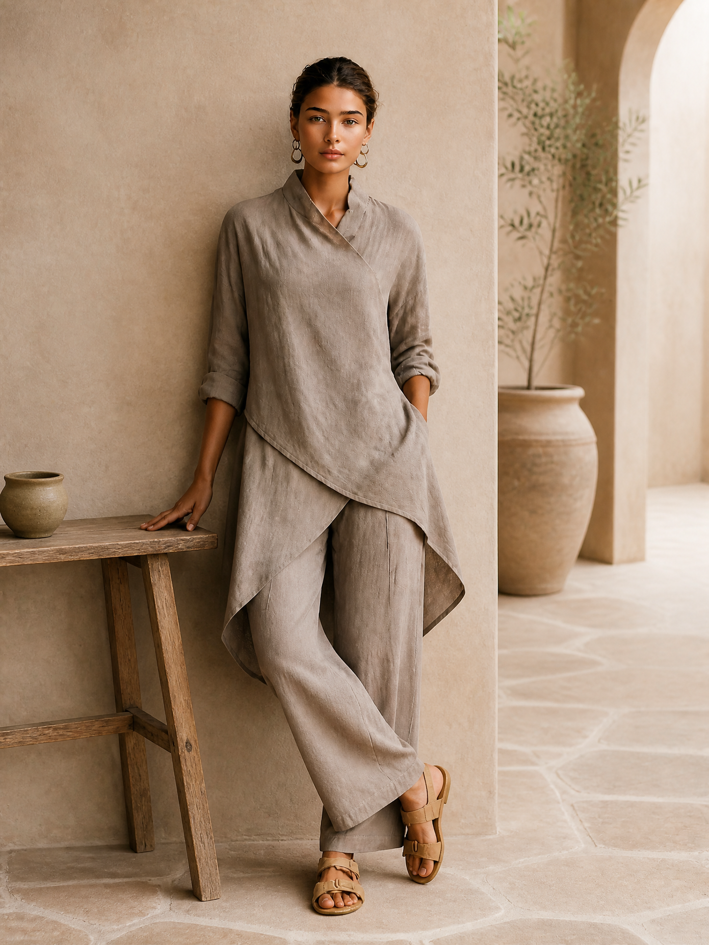 Women's Asymmetric Wrap Linen Vacation Two‑Piece Set MDZ1471H8LYL