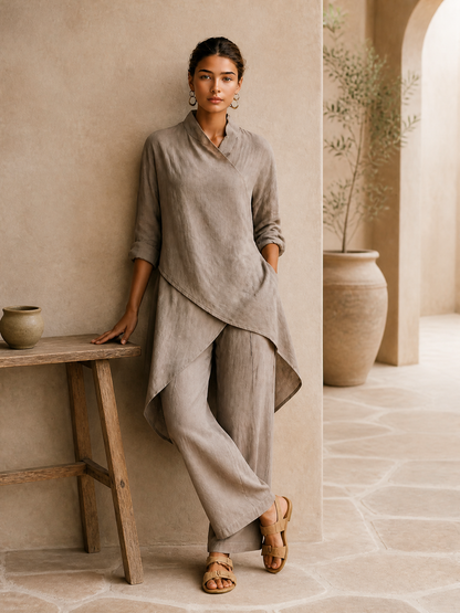 Women's Asymmetric Wrap Linen Vacation Two‑Piece Set MDZ1471H8LYL