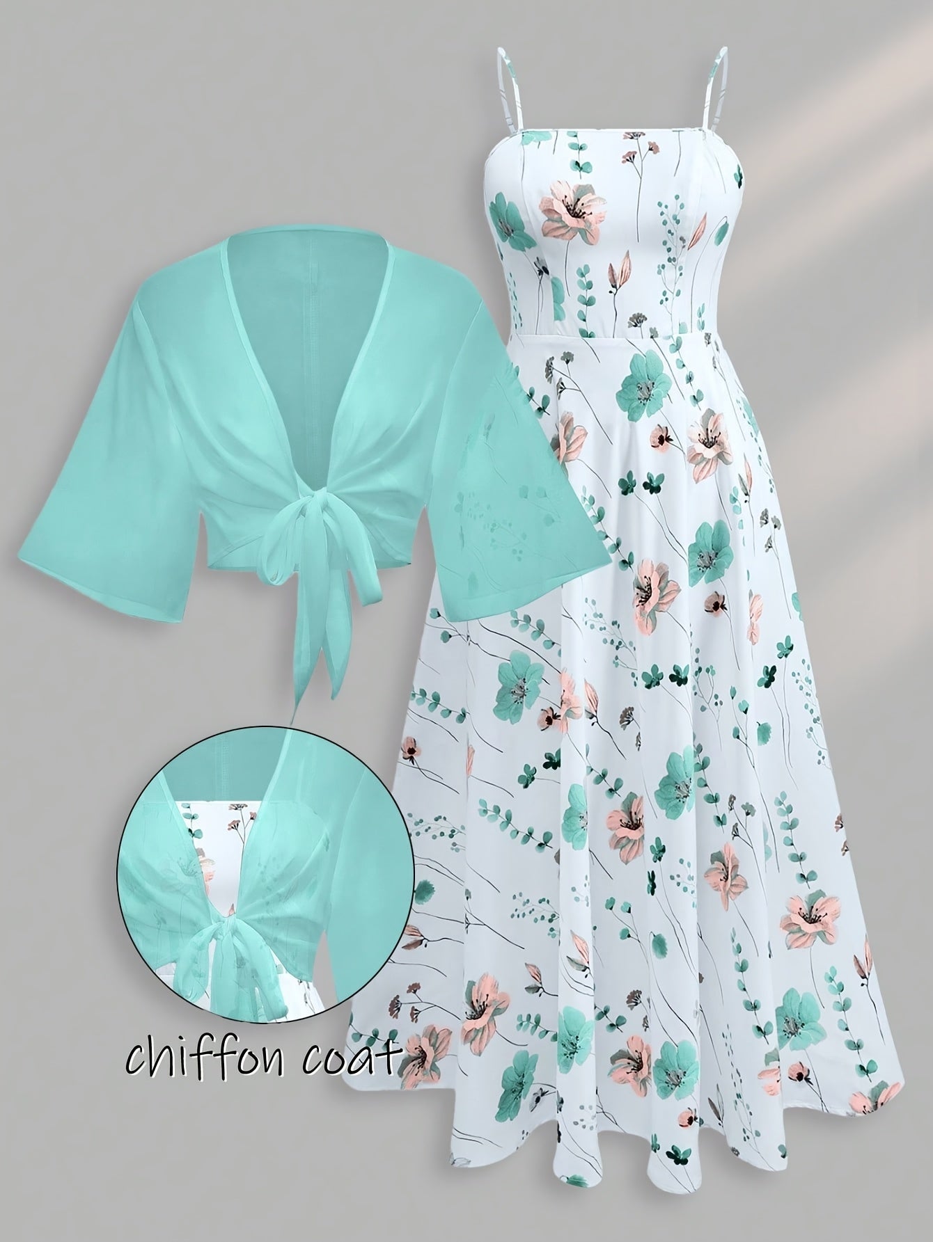 Women's New Summer Fashion Printed 2pcs Dress Set with Green Shawl