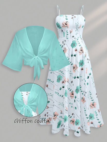 Women's New Summer Fashion Printed 2pcs Dress Set with Green Shawl