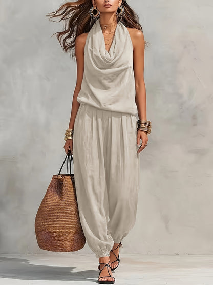 BK260503024+ Women's Elegant Faux Linen Texture Halter Neck Slouchy Collar Wide-Leg Pants Set, Loose Sleeveless Breathable Skin-Friendly 2pcs Set, Versatile for Commuting and Casual Wear, Drawstring Waist Design for and Figure-Flattering Effect