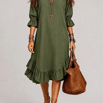 1pc 2026 New Spring Summer Women'S Midi Dress Solid Army Green V Neck 3/4 Ruffle Sleeve Irregular Ruffled Hem Loose Linen Texture Bohemian Casual Daily Beach Vacation Dress