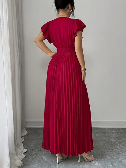 Spring And Summer New Elegant Ladies Slim V-Neck Dress with Pleated Craftsmanship, Large Skirt, Ruffled Lotus Leaf Sleeves, Valentine'S Day Party Gathering Elegant Dress, Commuting Fashion Skirt