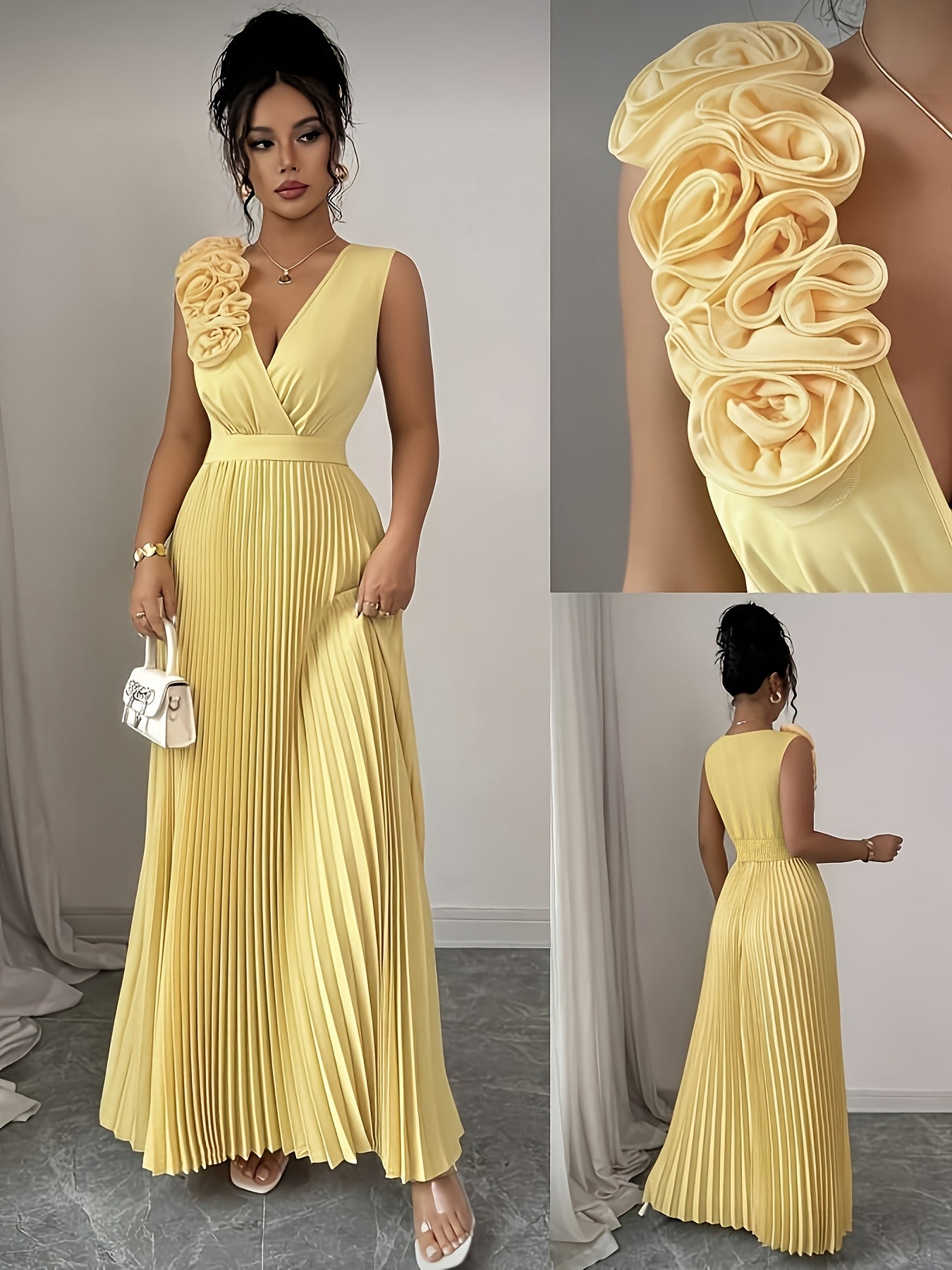 Elegant V-neck Sleeveless Patchwork Exaggerated Floral A-line Hem Pleated Dress