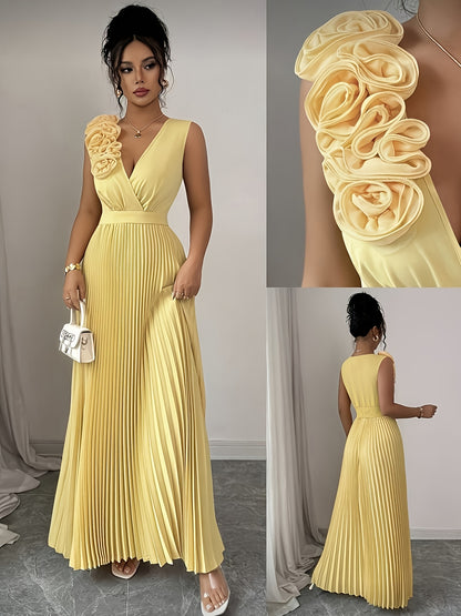 Elegant V-neck Sleeveless Patchwork Exaggerated Floral A-line Hem Pleated Dress