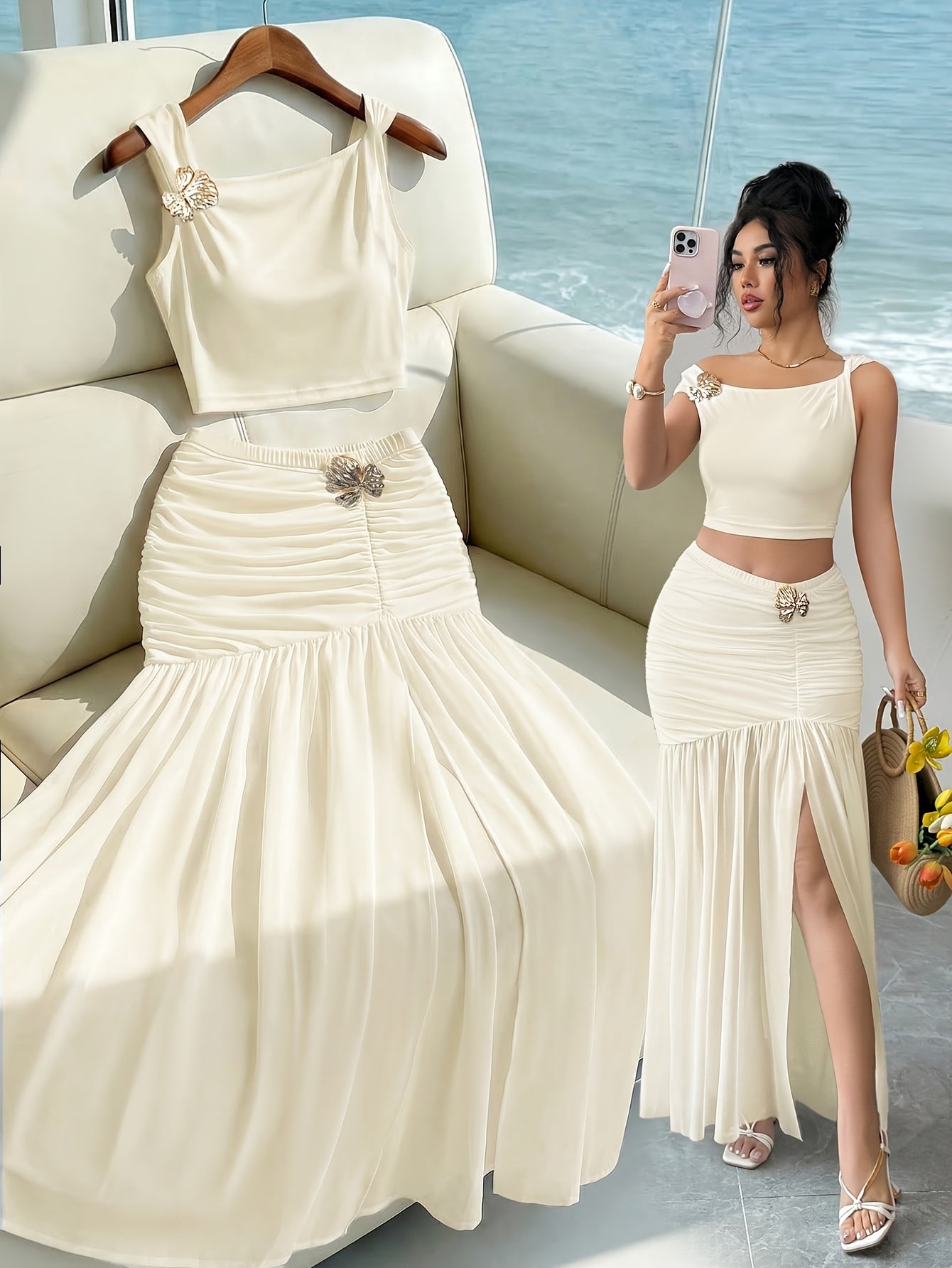 Elegant 2pcs Set for Women, Featuring a Strappy Crop Top and a Slit Maxi Skirt with Metallic Embellishments. The Slim-fit Design Is Perfect for High-end Occasions Such as Dates, Evening Parties, Gatherings, and Vacations