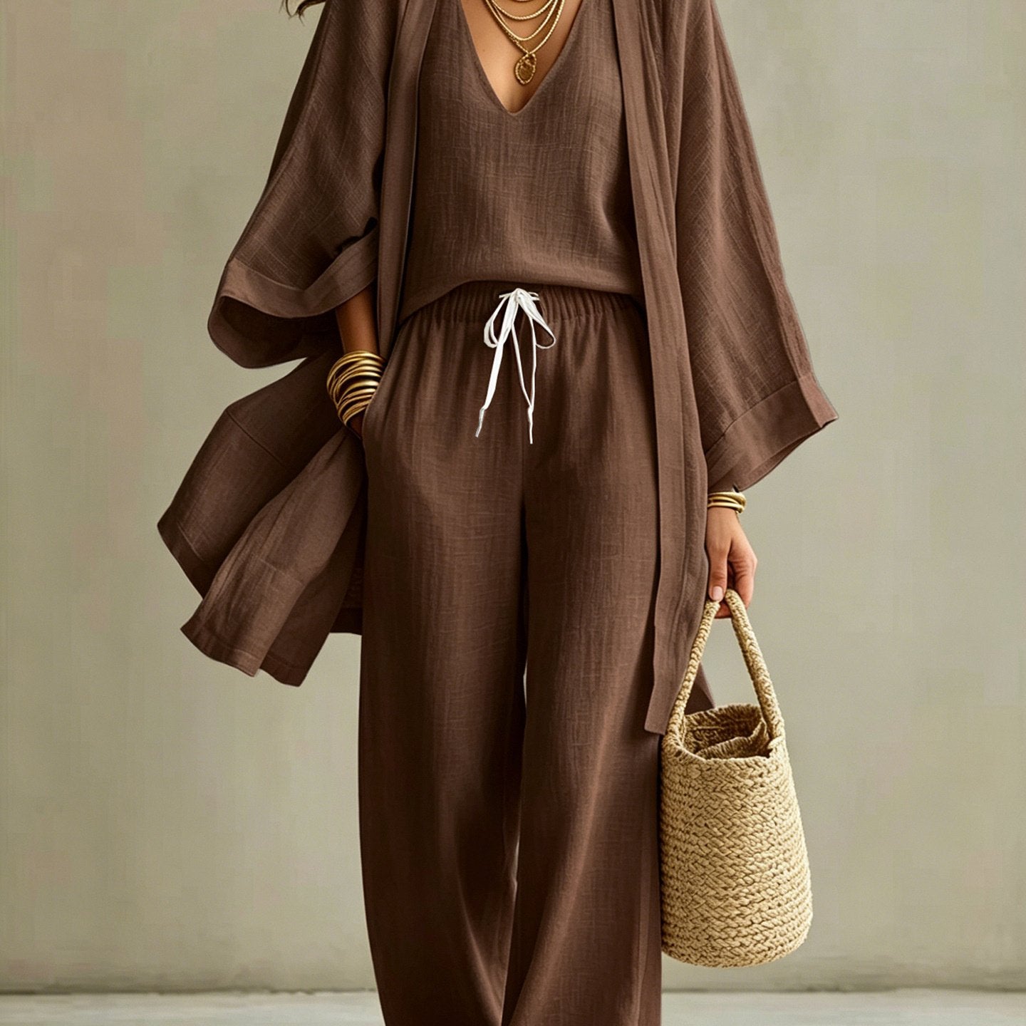 European And American Summer Loose - Mid-Length Three-Piece Set for Women: Three-Quarter Sleeve Cardigan, Sleeveless Vest, And Long Pants