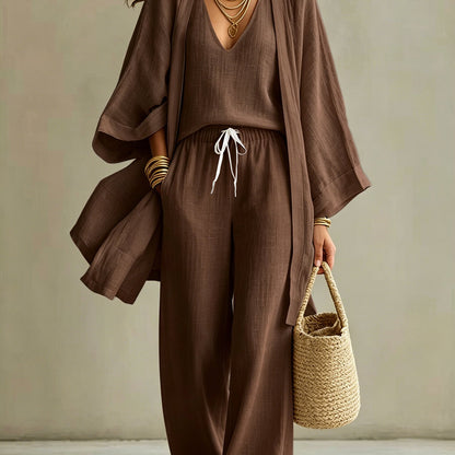 European And American Summer Loose - Mid-Length Three-Piece Set for Women: Three-Quarter Sleeve Cardigan, Sleeveless Vest, And Long Pants