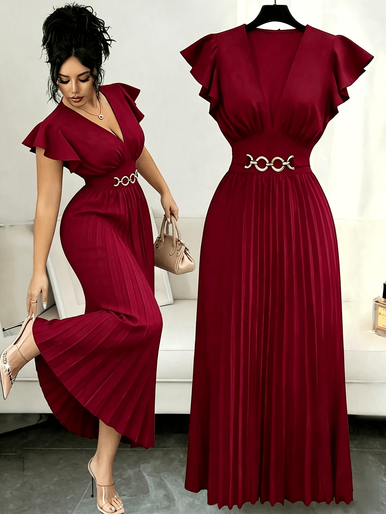 Spring And Summer New Elegant Ladies Slim V-Neck Dress with Pleated Craftsmanship, Large Skirt, Ruffled Lotus Leaf Sleeves, Valentine'S Day Party Gathering Elegant Dress, Commuting Fashion Skirt