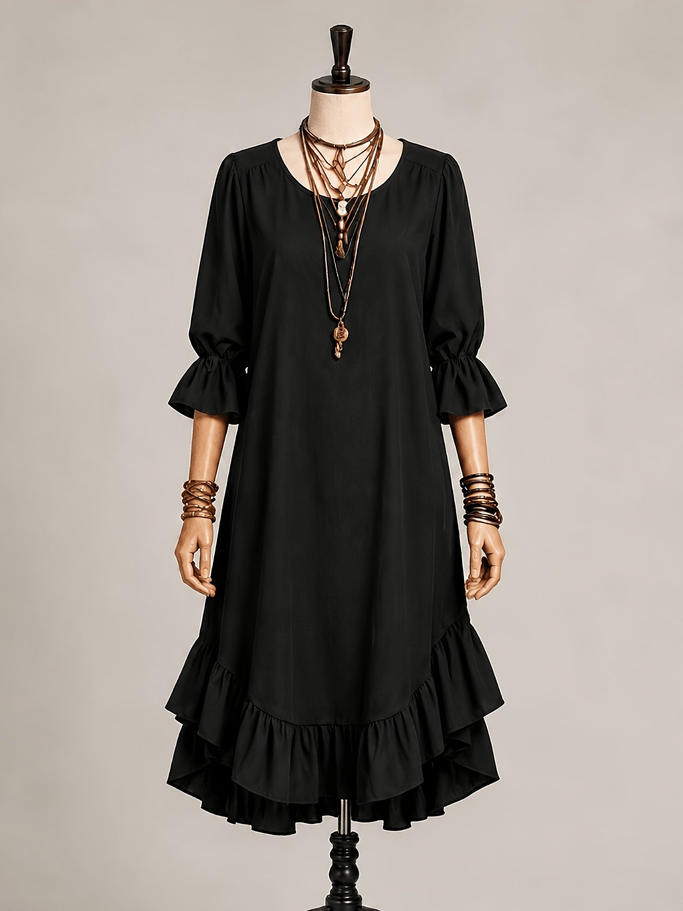 1pc 2026 New Spring Summer Women'S Midi Dress Solid Army Green V Neck 3/4 Ruffle Sleeve Irregular Ruffled Hem Loose Linen Texture Bohemian Casual Daily Beach Vacation Dress