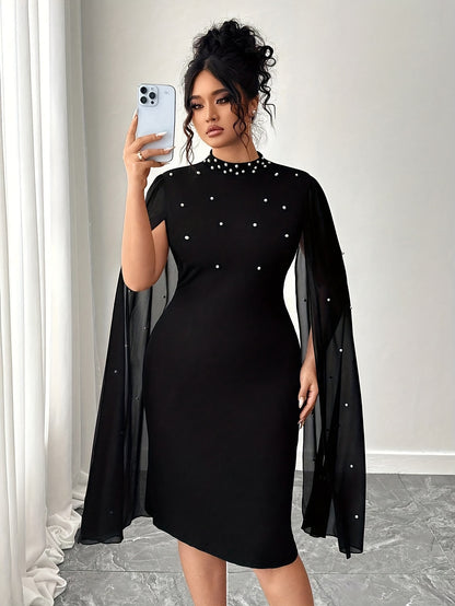 Plus Size - Plus Size - Plus Size Women'S Elegant Slim Fit Black Solid Color Spliced Beaded Chiffon Mesh Sleeve Mid-Length Dress Spring And Autumn Fashion Women'S New Elegant Easy Daily Suitable for Spring And Summer Wear Women'S Dress