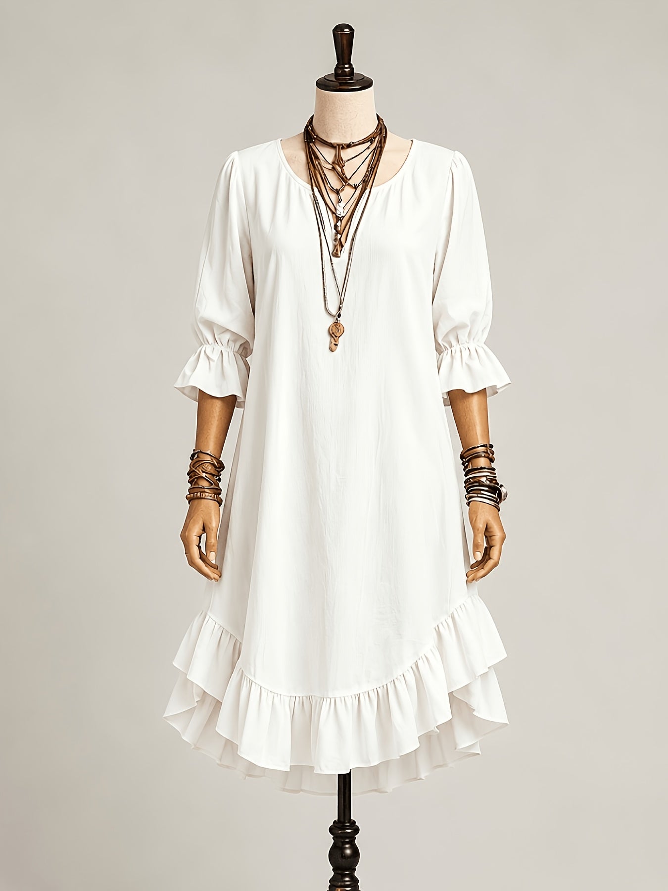1pc 2026 New Spring Summer Women'S Midi Dress Solid Army Green V Neck 3/4 Ruffle Sleeve Irregular Ruffled Hem Loose Linen Texture Bohemian Casual Daily Beach Vacation Dress