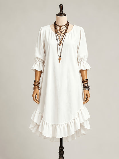 1pc 2026 New Spring Summer Women'S Midi Dress Solid Army Green V Neck 3/4 Ruffle Sleeve Irregular Ruffled Hem Loose Linen Texture Bohemian Casual Daily Beach Vacation Dress