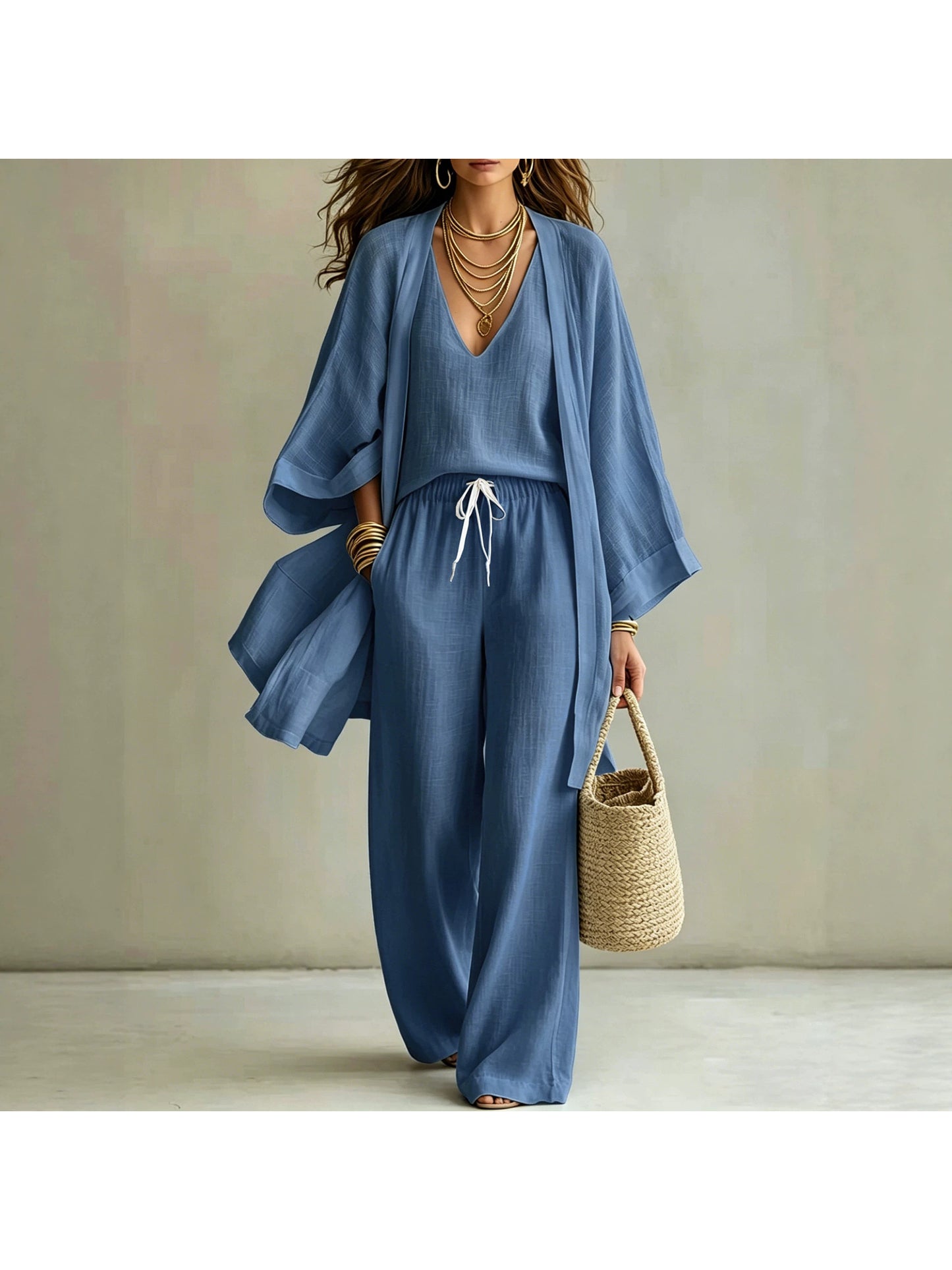 European And American Summer Loose - Mid-Length Three-Piece Set for Women: Three-Quarter Sleeve Cardigan, Sleeveless Vest, And Long Pants