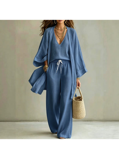 European And American Summer Loose - Mid-Length Three-Piece Set for Women: Three-Quarter Sleeve Cardigan, Sleeveless Vest, And Long Pants