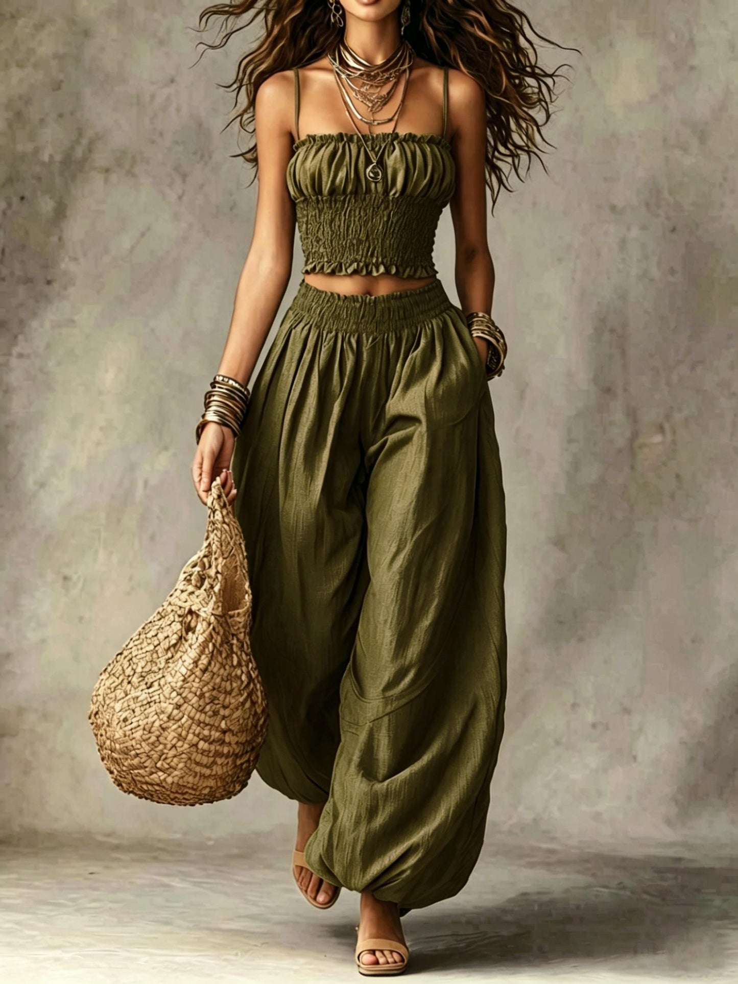 Elegant Bustier Short Cami And Lantern Pants Set, Vacation Casual Two-Piece Outfit, Women'S Style