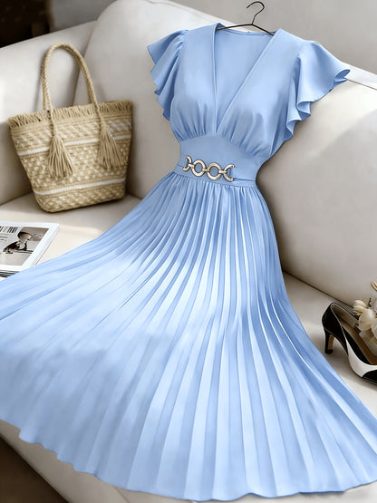 Spring And Summer New Elegant Ladies Slim V-Neck Dress with Pleated Craftsmanship, Large Skirt, Ruffled Lotus Leaf Sleeves, Valentine'S Day Party Gathering Elegant Dress, Commuting Fashion Skirt