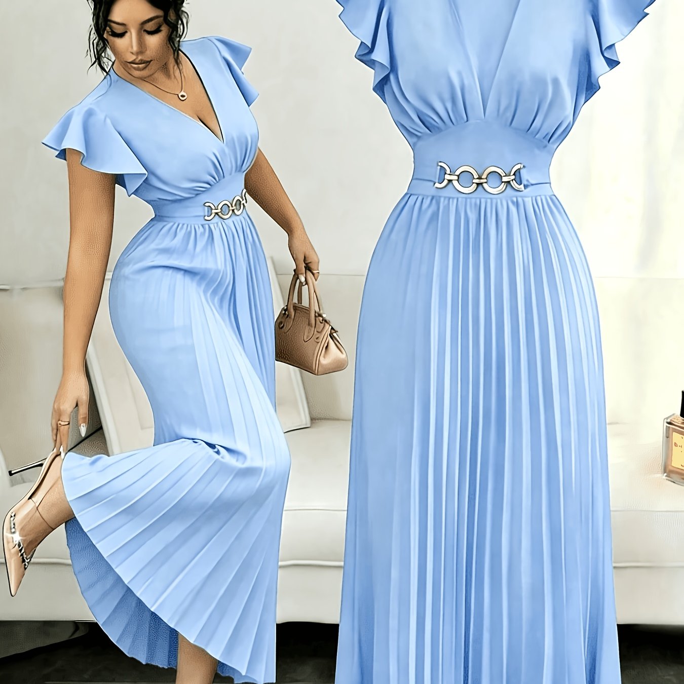 Spring And Summer New Elegant Ladies Slim V-Neck Dress with Pleated Craftsmanship, Large Skirt, Ruffled Lotus Leaf Sleeves, Valentine'S Day Party Gathering Elegant Dress, Commuting Fashion Skirt
