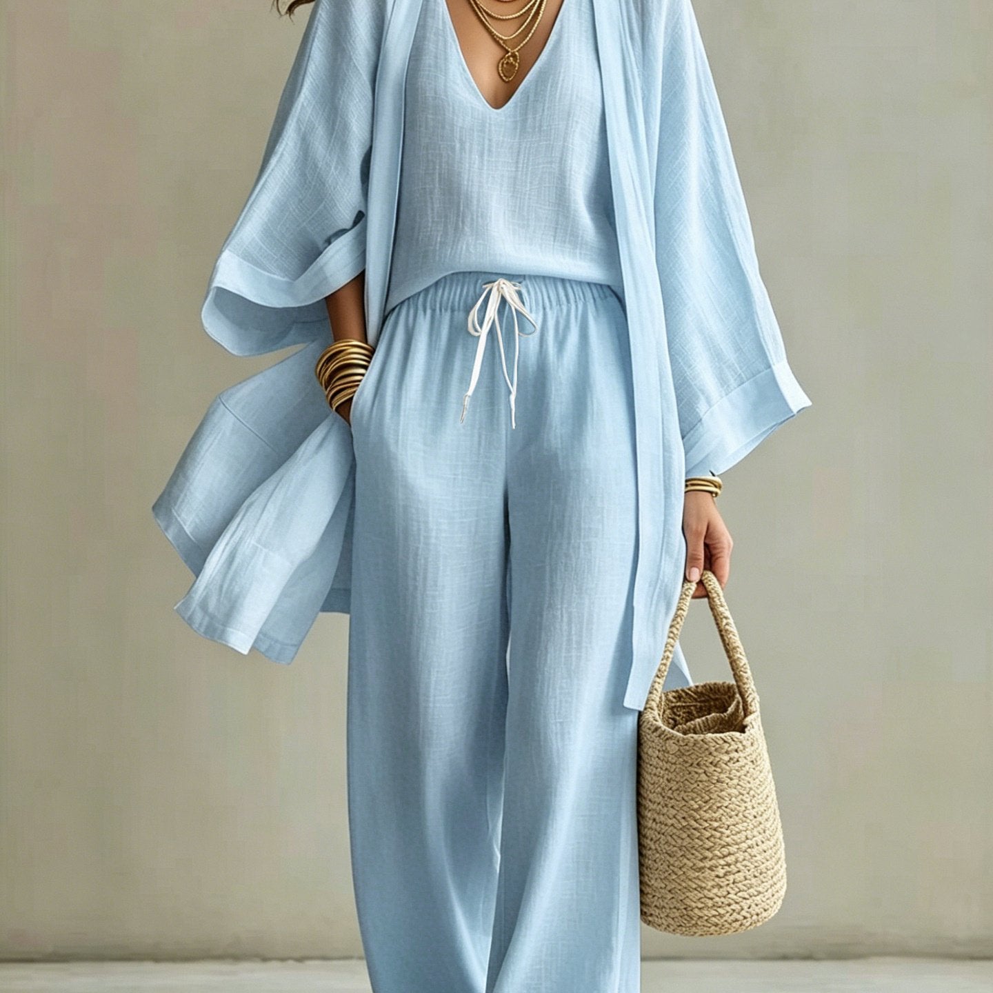 European And American Summer Loose - Mid-Length Three-Piece Set for Women: Three-Quarter Sleeve Cardigan, Sleeveless Vest, And Long Pants