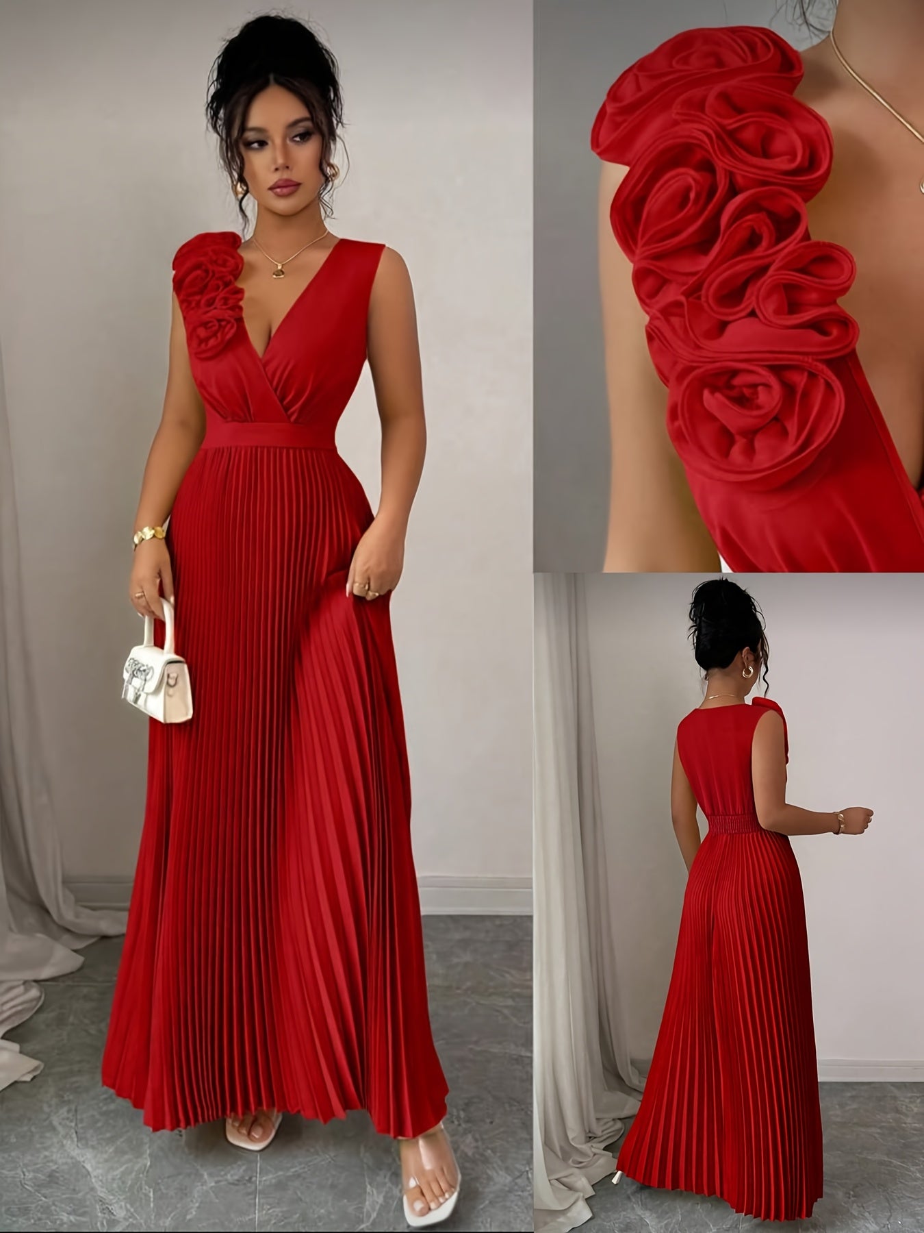 Elegant V-neck Sleeveless Patchwork Exaggerated Floral A-line Hem Pleated Dress