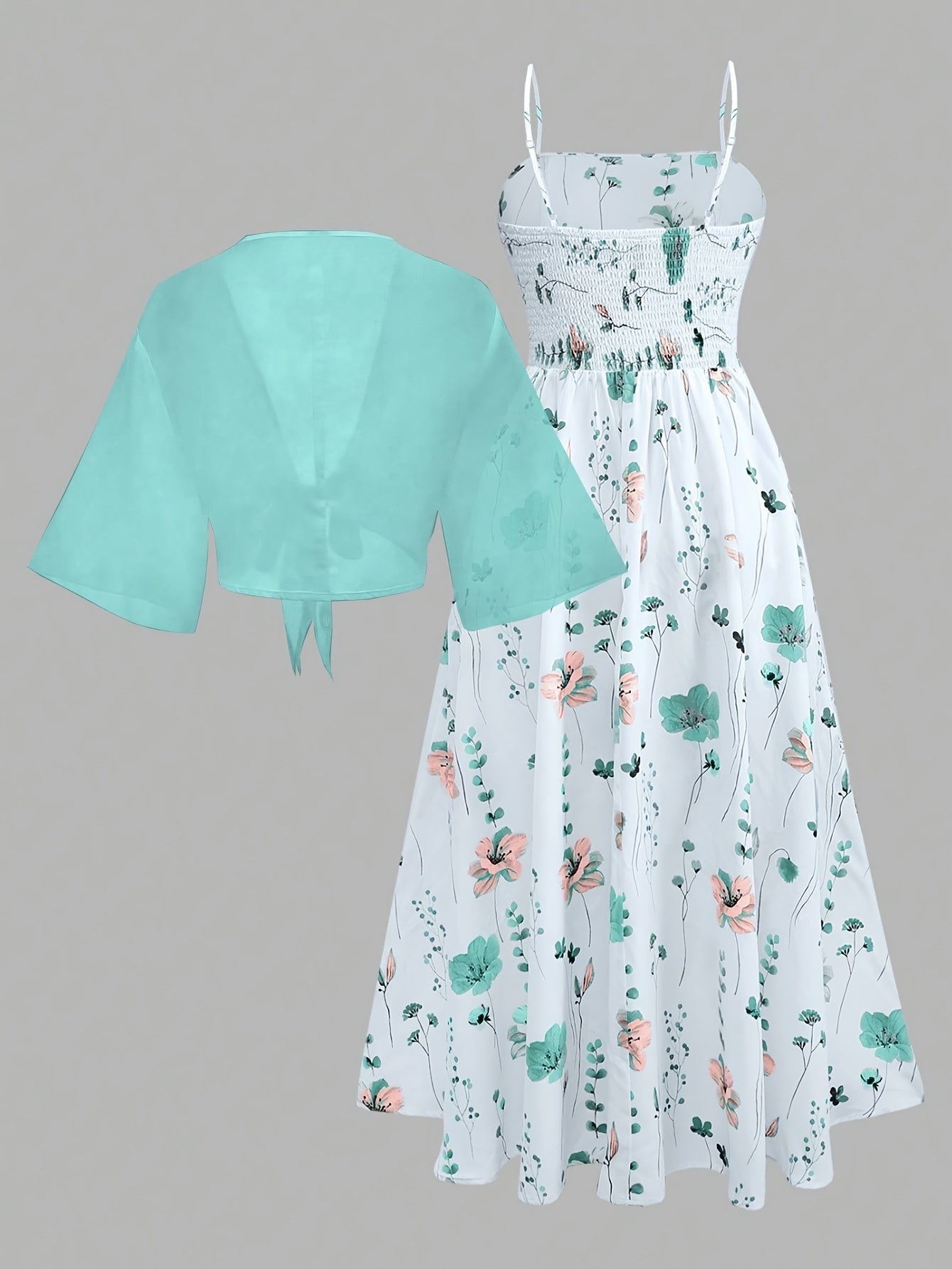 Women's New Summer Fashion Printed 2pcs Dress Set with Green Shawl