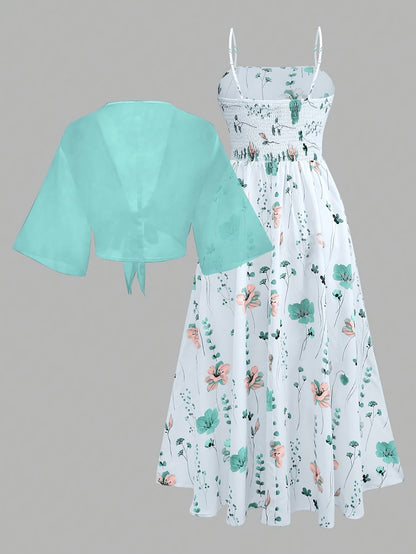 Women's New Summer Fashion Printed 2pcs Dress Set with Green Shawl