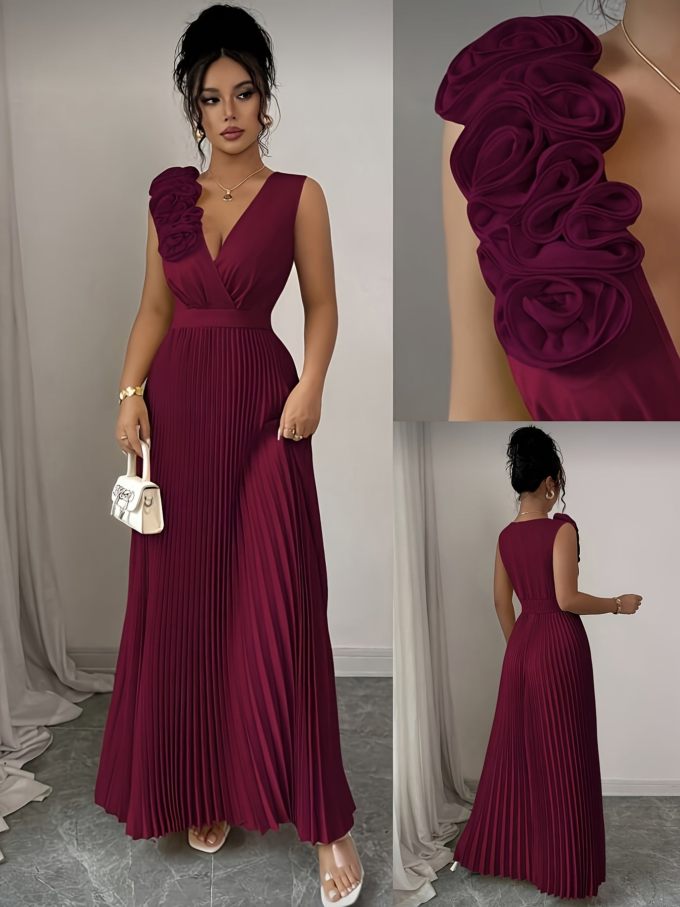 Elegant V-neck Sleeveless Patchwork Exaggerated Floral A-line Hem Pleated Dress