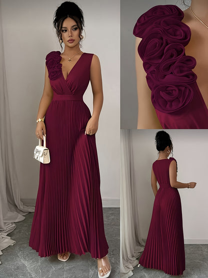 Elegant V-neck Sleeveless Patchwork Exaggerated Floral A-line Hem Pleated Dress