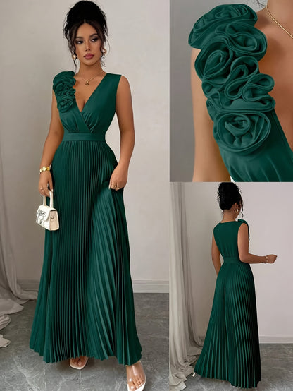 Elegant V-neck Sleeveless Patchwork Exaggerated Floral A-line Hem Pleated Dress