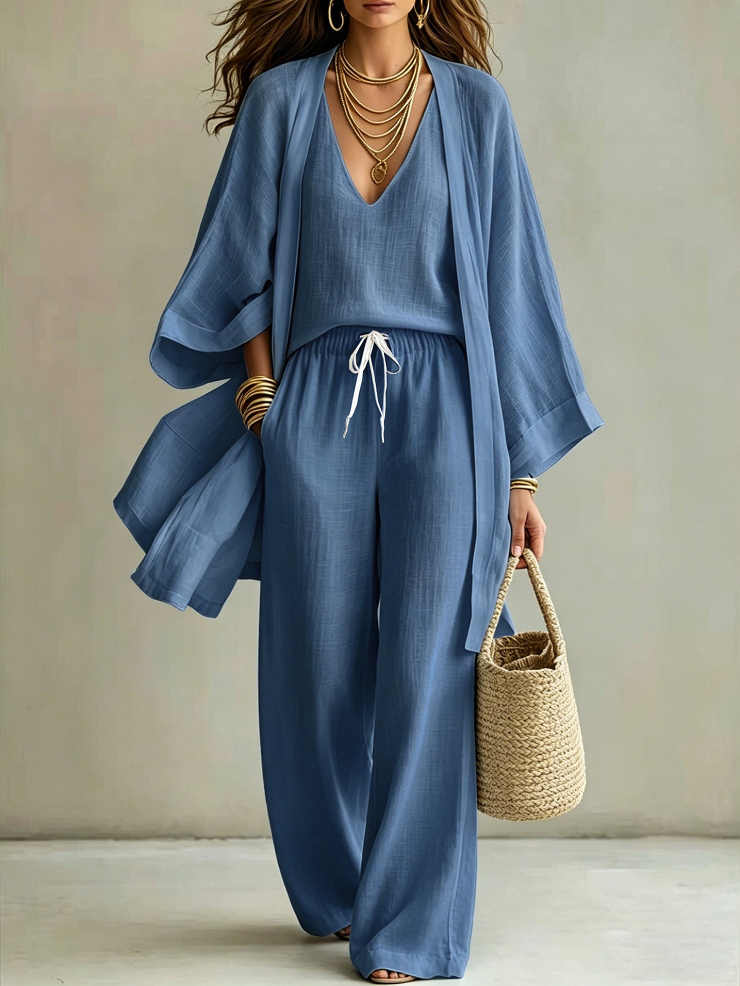 European And American Summer Loose - Mid-Length Three-Piece Set for Women: Three-Quarter Sleeve Cardigan, Sleeveless Vest, And Long Pants