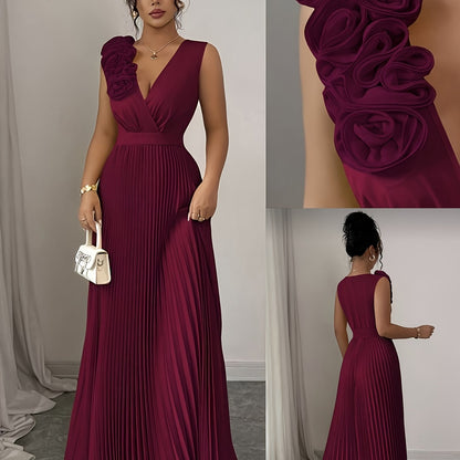 Elegant V-neck Sleeveless Patchwork Exaggerated Floral A-line Hem Pleated Dress