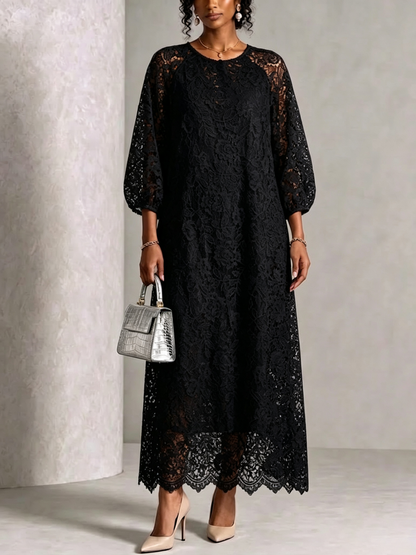 Round‑neck Raglan Lantern‑sleeve Lace Maxi Dress