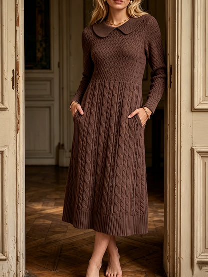 Classic Brown Cable-Knit Collar Midi Dress