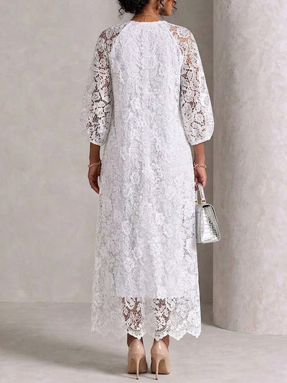 Round‑neck Raglan Lantern‑sleeve Lace Maxi Dress